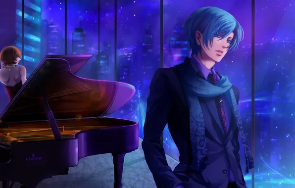 Picture girl, night, the city, Windows, piano, guy, vocaloid, Vocaloid