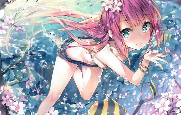 Girl, flower, sea, anime, sakura, asian, fish, manga