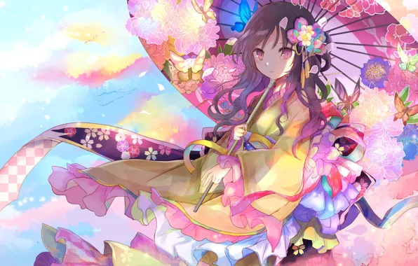 Flowers, umbrella, girl