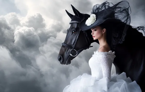 Girl, fog, horse, horse, smoke, hat, couples, white dress