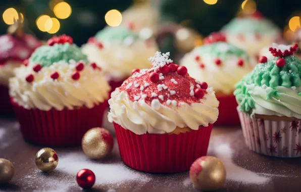 Balls, lights, table, toys, Christmas, New year, cream, dessert