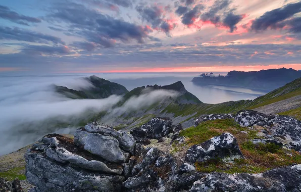 Sea, clouds, mountains, rocks, island, Norway, Senja, Maxim Evdokimov