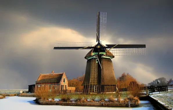Picture winter, Netherlands, windmill