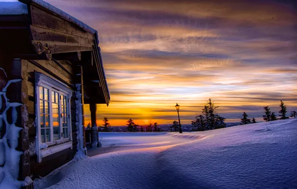 Picture winter, the sky, clouds, snow, trees, sunset, nature, house