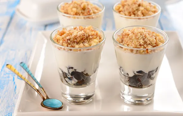 Picture food, cream, glasses, nuts, dessert, tray, spoon, Panna cotta