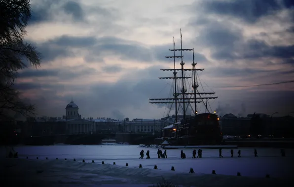 Winter, snow, the city, ship, sailboat, Peter, Saint Petersburg