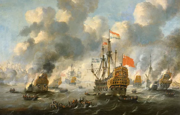 Picture ship, oil, picture, Tree, sail, battle, The burning of the English Fleet in Chatham, Peter …