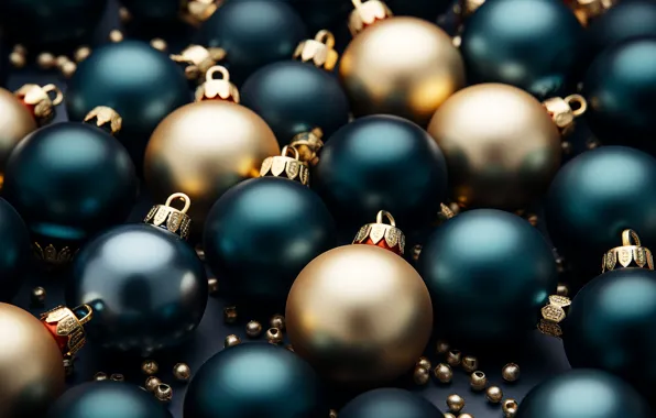 Balls, the dark background, balls, Christmas, New year, blue, gold, blue background