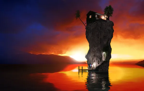 Rock, house, the ocean, the evening, render