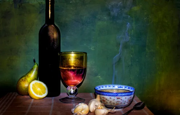 Picture table, bottle, plate, still life, A bowl of soup