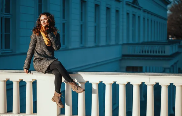 Girl, the sun, pose, the building, portrait, jeans, shoes, scarf