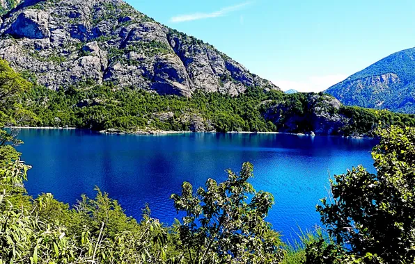 Picture trees, mountains, lake, rocks, Argentina, Moreno Lake