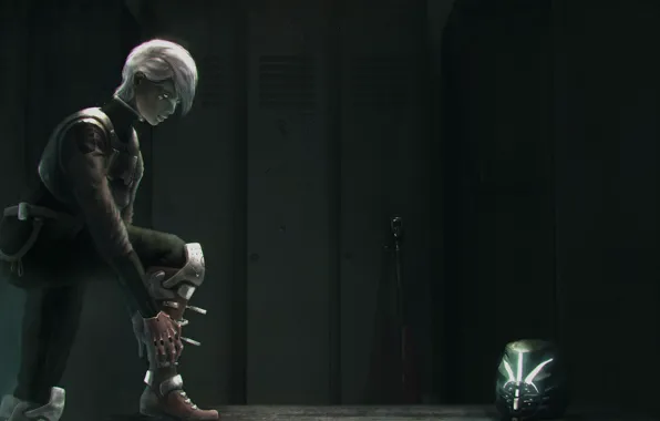 Girl, weapons, helmet, armor, locker room, locker