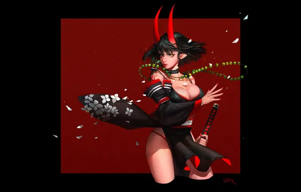 Picture red, girl, sword, fantasy, black, cleavage, horns, minimalism