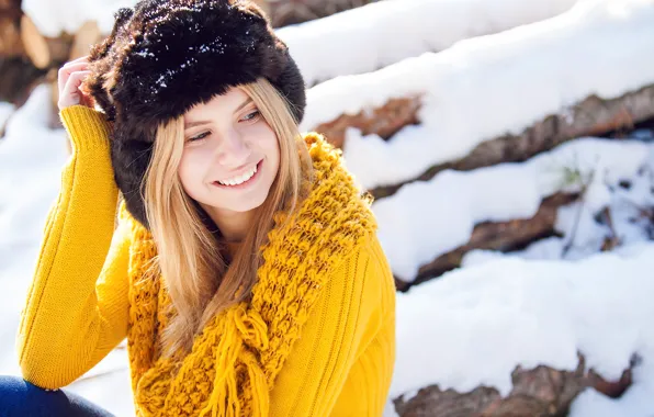 Winter, girl, the sun, snow, yellow, smile, hat, hairstyle