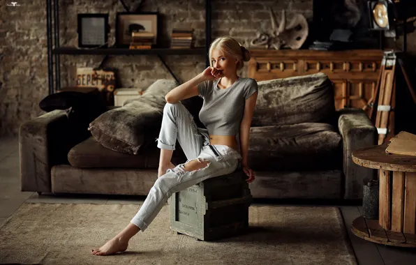 Girl, pose, room, sofa, jeans, box, Dmitry Arhar, Dmitry Arhar
