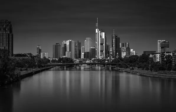 The city, river, black and white, Germany, Frankfurt am main