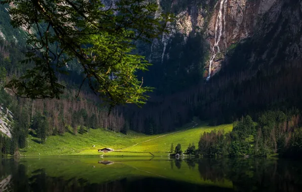 Picture forest, mountains, lake, waterfall, Bayern, Pai shaka