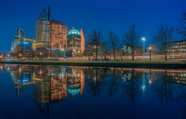 Trees, reflection, building, channel, Netherlands, night city, promenade, skyscrapers