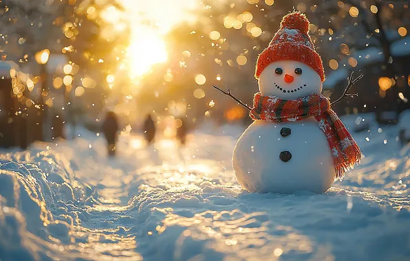 Winter, rays, light, snow, lights, people, street, hat