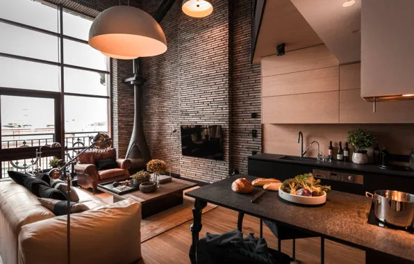 Interior, kitchen, fireplace, living room, New York, Manhattan Loft