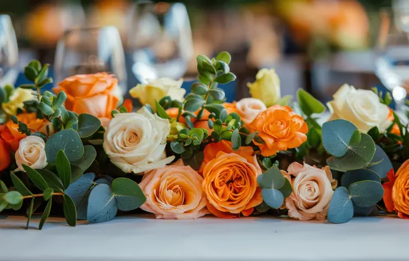 Leaves, flowers, table, holiday, roses, glasses, white, orange