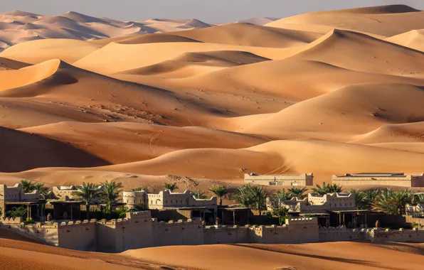 Sand, the dunes, the city, desert, home, oasis