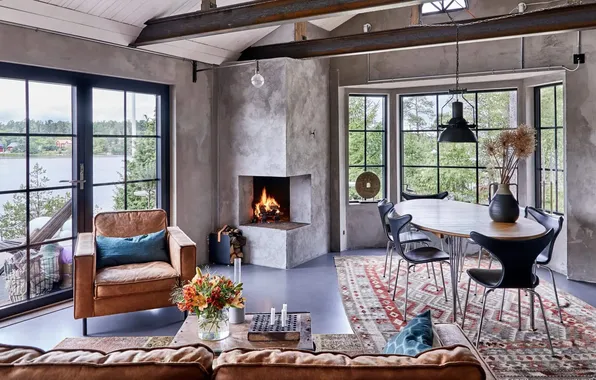 Design, style, heat, interior, fireplace, living room, cozy, dining room