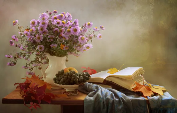 Picture autumn, flowers, table, bouquet, grapes, fabric, book, pink