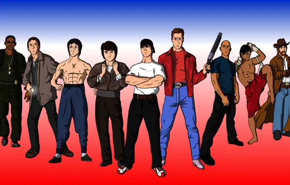 Picture Nicolas Cage, VIN Diesel, Arnold Schwarzenegger, Sylvester Stallone, Bruce Lee, Jackie Chan, Chuck Norris, Will …