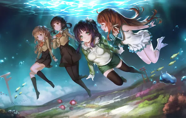 Picture sea, fish, smile, girls, art, yykuaixian, like no asukara, shiodome miuna