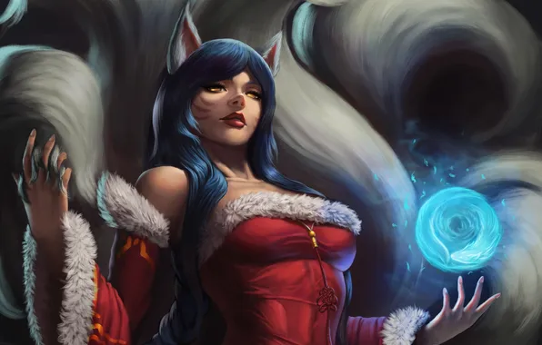 Picture look, girl, magic, ears, art, league of legends, tails, ahri
