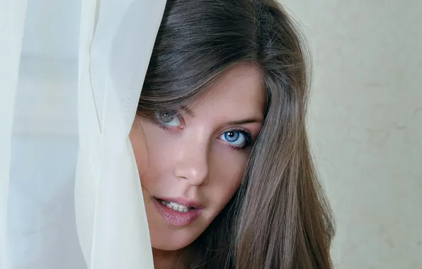 Picture eyes, look, face, hair, Girl, curtain