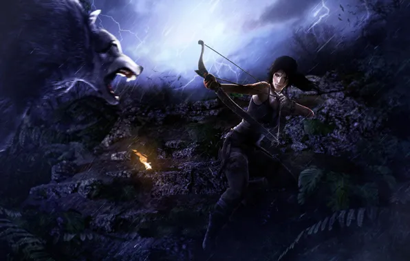 Picture forest, wolf, bow, Tomb Raider, arrows, Lara Croft