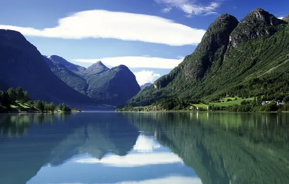 Forest, mountains, lake, home, Nature
