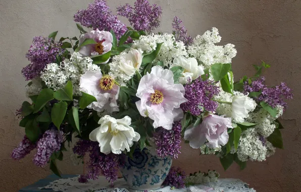 Picture bouquet, tulips, vase, lilac, peonies