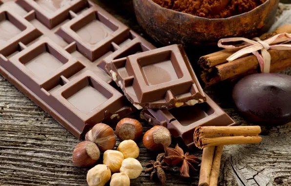 Food, sweet, nuts, Chocolate, cocoa, cinnamon, cloves, dark chocolate