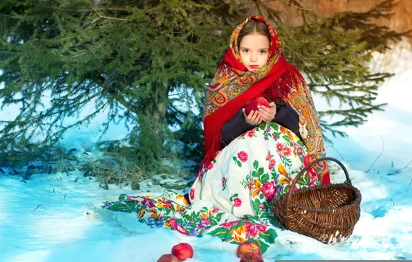 Winter, forest, apples, girl, shawl