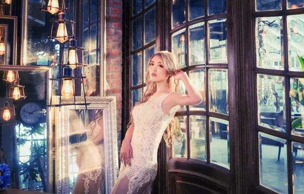 Girl, light, pose, style, interior, dress, mirror, the door