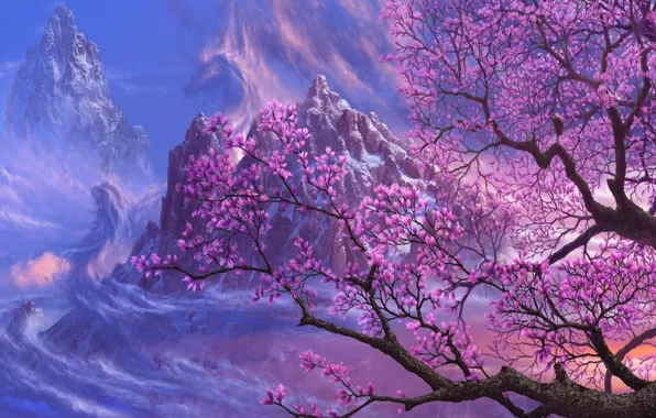 Picture nature, colors, sky, mountain, tree, magnolia