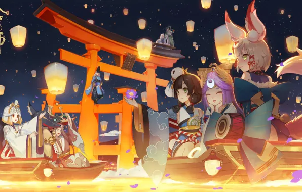 Night, anime, art, lanterns, characters, Onmyouji