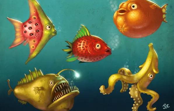 Picture sea, fish, fruit, underwater world