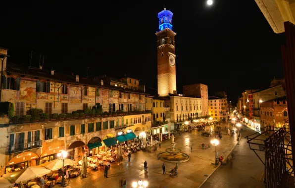 Night, lights, tower, home, area, Italy, Verona