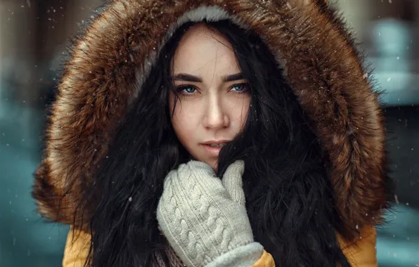 Winter, look, snowflakes, portrait, makeup, brunette, hairstyle, hood