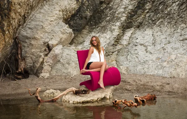 Water, rocks, chair, beautiful girl, water, rocks, beautiful girl, armchair