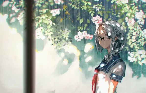 Girl, flowers, rain, anime, art, glasses, form, schoolgirl