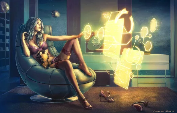 Computer, girl, fiction, room, interface, toy, chair, Leo