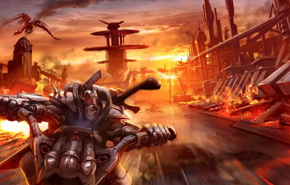 Landscape, dragon, warrior, biker, fantasy, art, glider