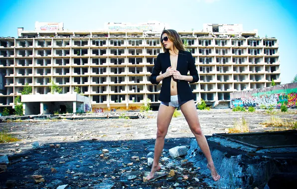 Girl, House, Model, Day, The building, Feet, Brown hair, Erotic