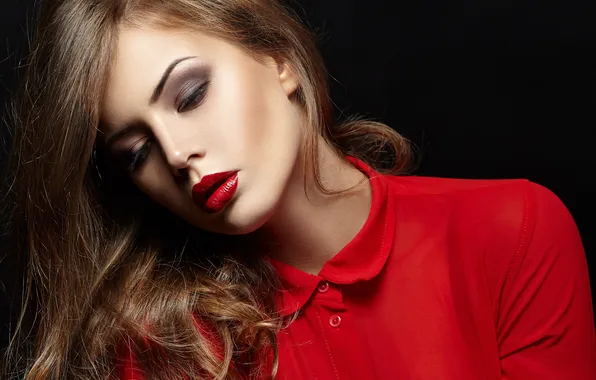 Girl, background, hair, makeup, curls, red lips, red blouse